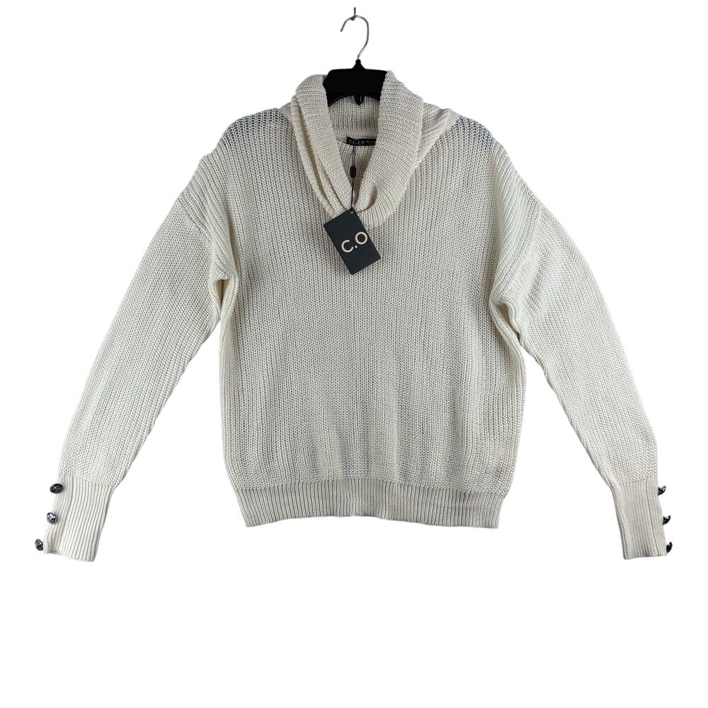 COZY Cowl Neck Loose Knit Sweater Womens Small NWT White Long Sleeve Faux Button